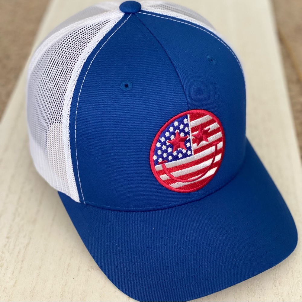 America Trucker Hat Custom Smiley Face American Flag Blue